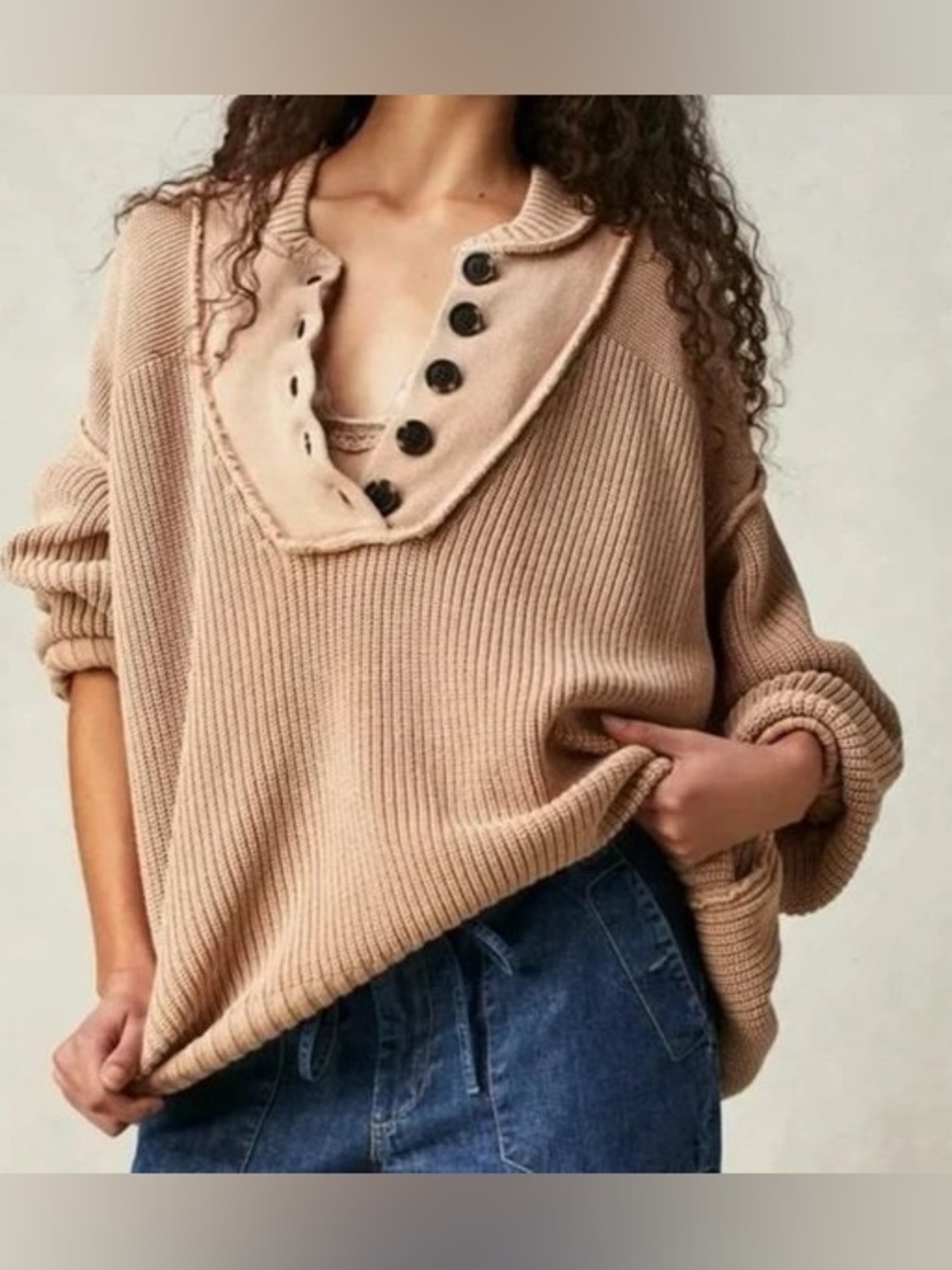Free People Maggie Henley Sweater in Ginger Root Beige